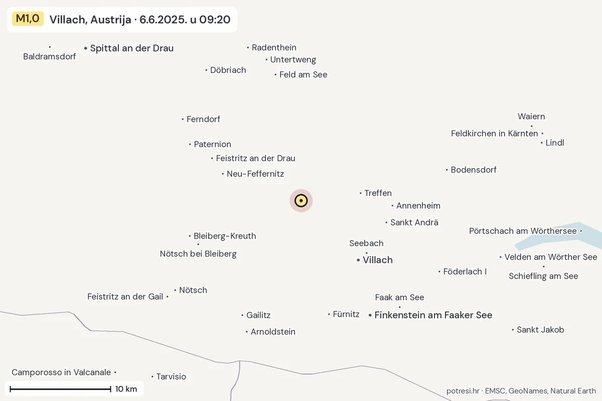 Karta: okolica epicentra, 60 km, potres M1,0, Villach, Austrija, 6.6.2025.