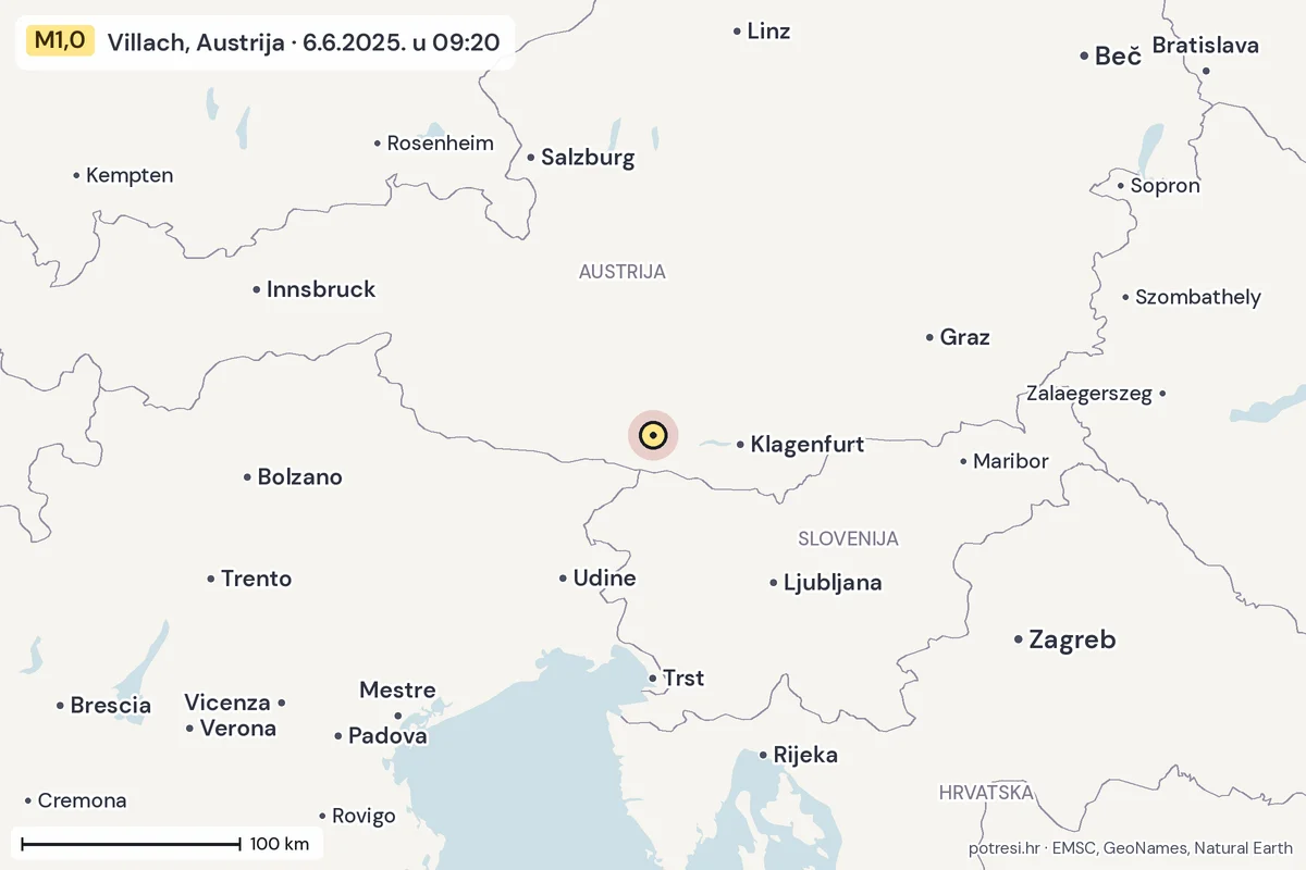 Karta: šire područje, 600 km, potres M1,0, Villach, Austrija, 6.6.2025.