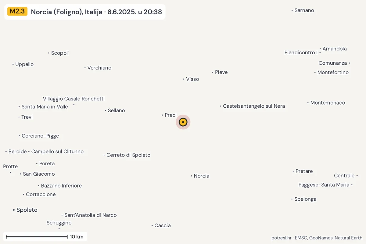 Karta: okolica epicentra, 60 km, potres M2,3, Norcia (Foligno), Italija, 6.6.2025.