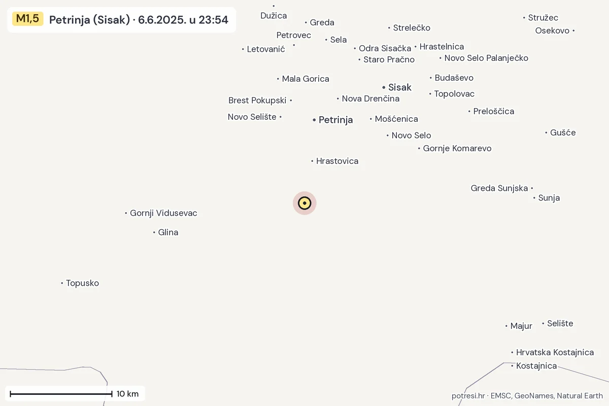 Karta: okolica epicentra, 60 km, potres M1,5, Petrinja (Sisak), 6.6.2025.