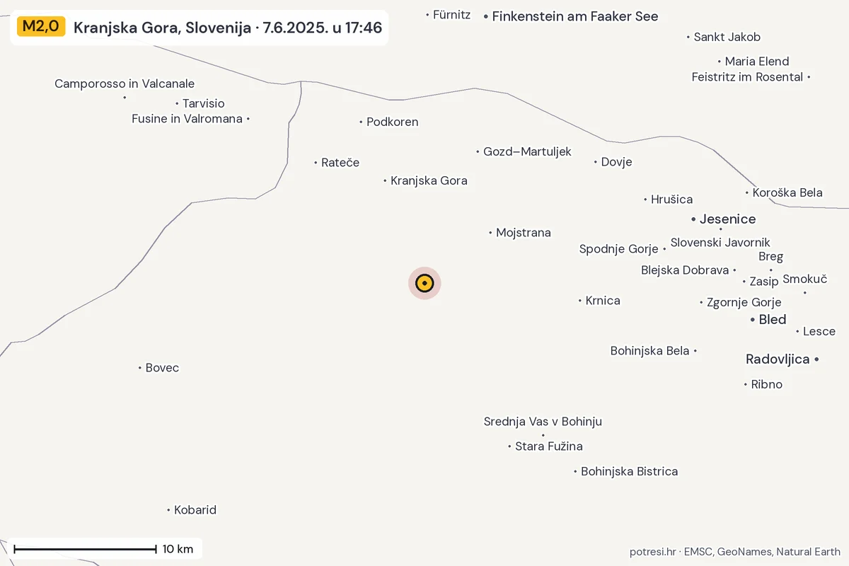 Karta: okolica epicentra, 60 km, potres M2,0, Kranjska Gora, Slovenija, 7.6.2025.