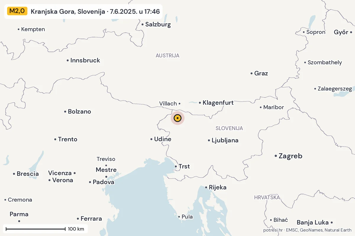 Karta: šire područje, 600 km, potres M2,0, Kranjska Gora, Slovenija, 7.6.2025.