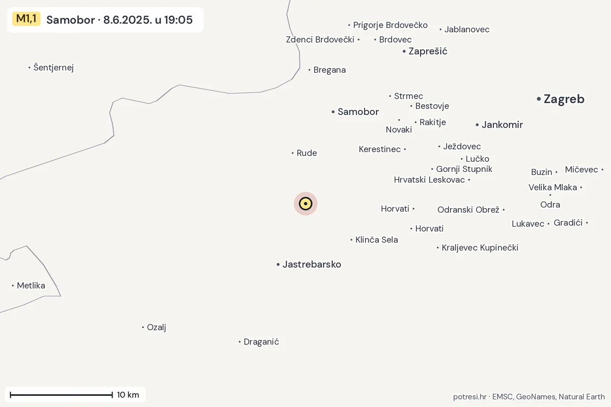 Karta: okolica epicentra, 60 km, potres M1,1, Samobor, 8.6.2025.