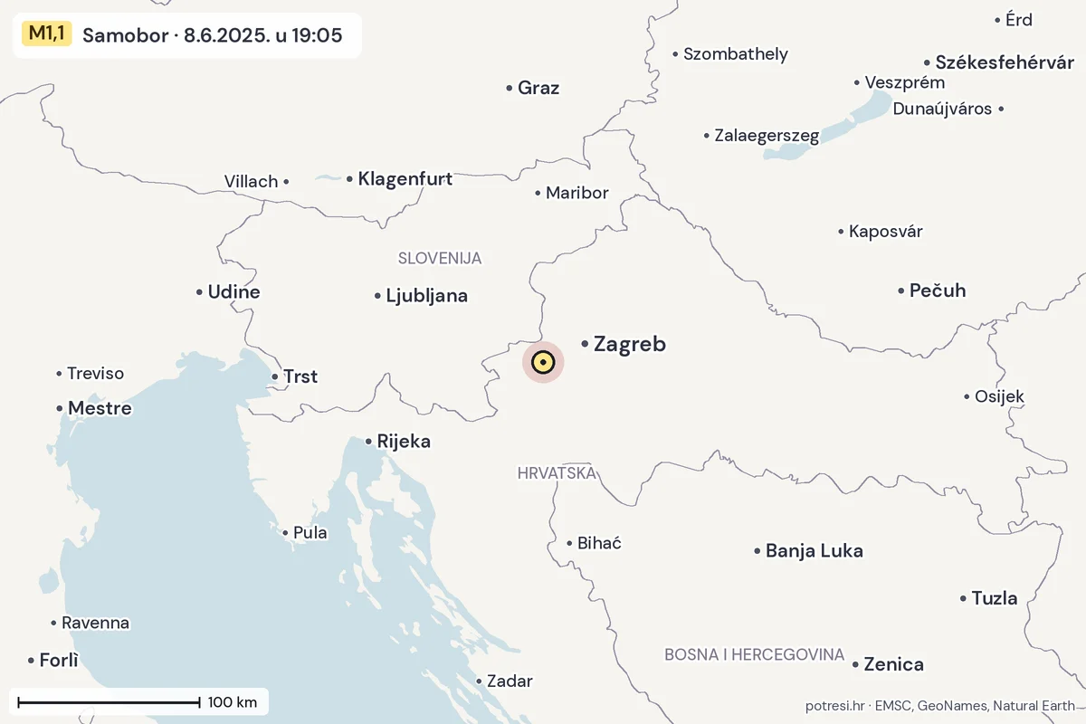 Karta: šire područje, 600 km, potres M1,1, Samobor, 8.6.2025.