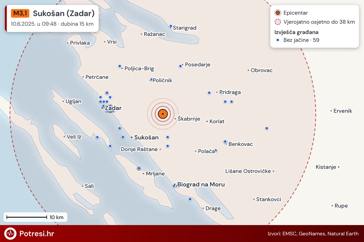 Karta: izvješća građana po jačini, potres M3,1, Sukošan (Zadar), 10.6.2025.