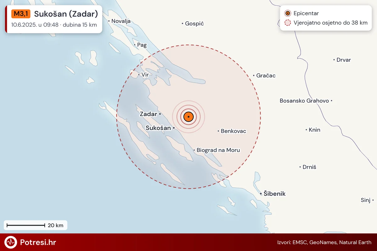 Karta: šire područje i vjerojatni doseg osjeta, potres M3,1, Sukošan (Zadar), 10.6.2025.