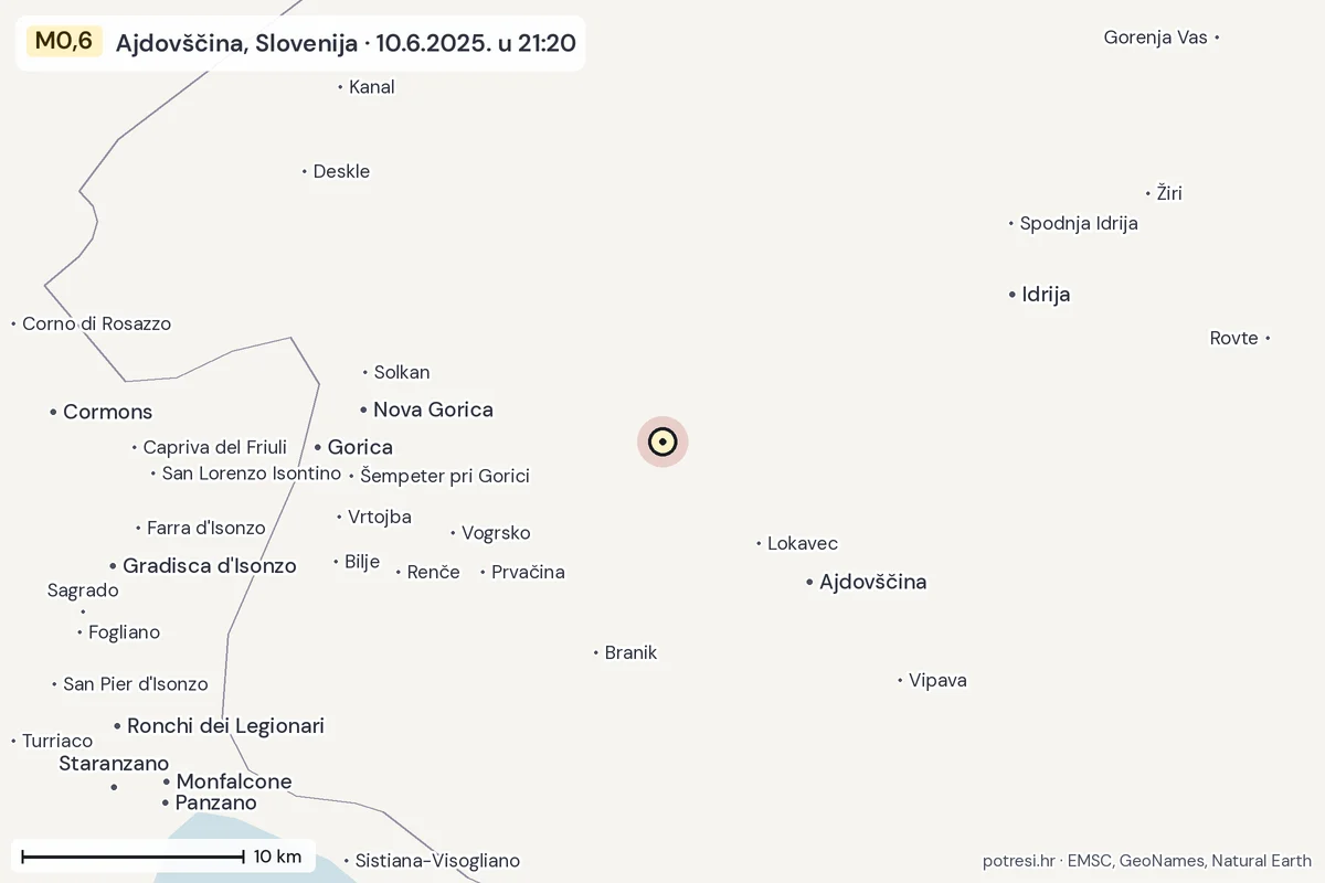 Karta: okolica epicentra, 60 km, potres M0,6, Ajdovščina, Slovenija, 10.6.2025.