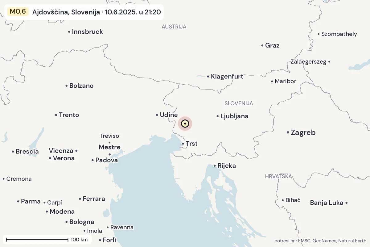 Karta: šire područje, 600 km, potres M0,6, Ajdovščina, Slovenija, 10.6.2025.