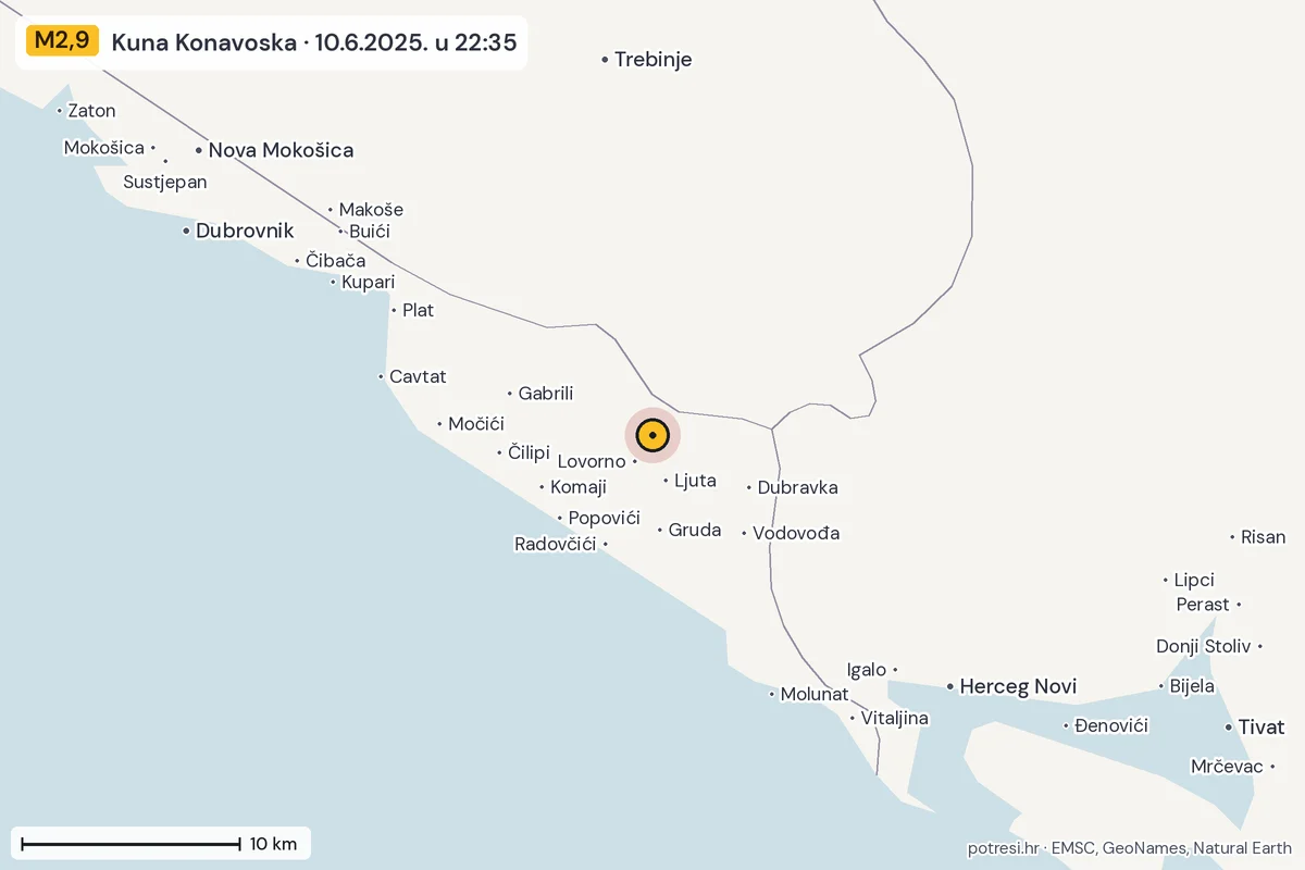 Karta: okolica epicentra, 60 km, potres M2,9, Kuna Konavoska, 10.6.2025.