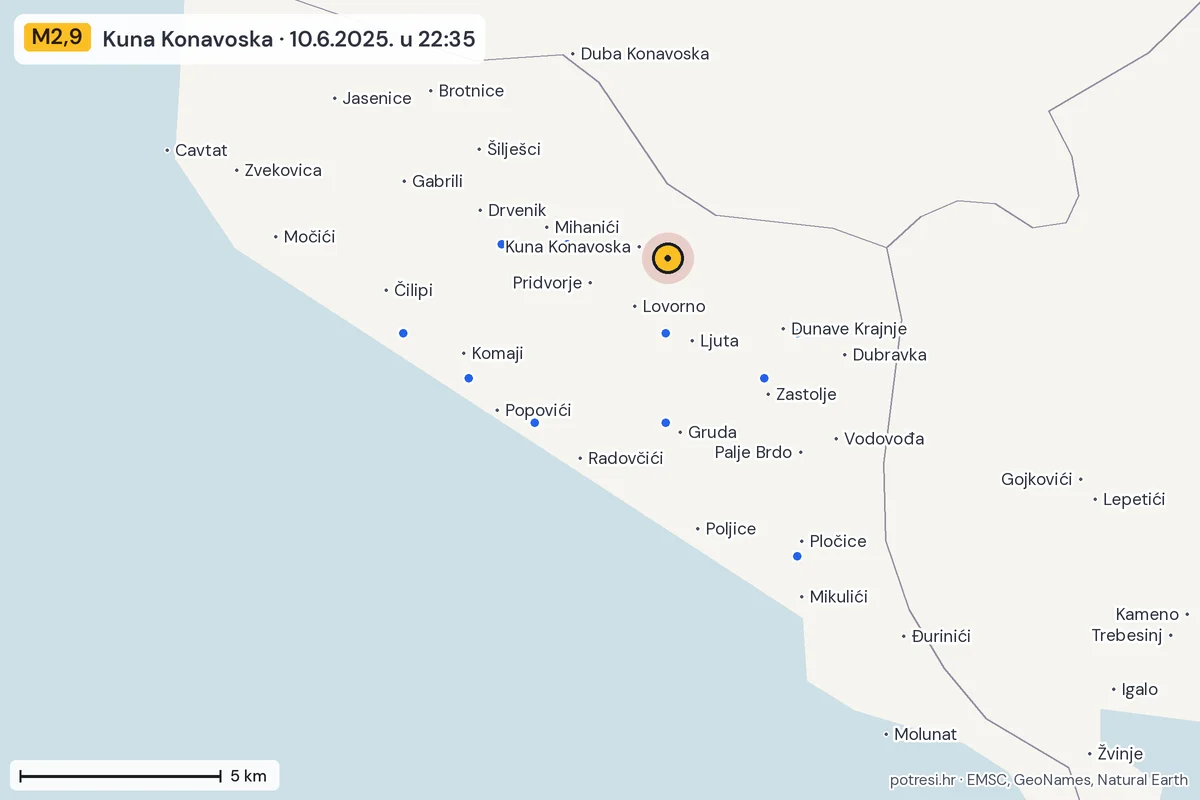 Karta: izvješća građana, potres M2,9, Kuna Konavoska, 10.6.2025.