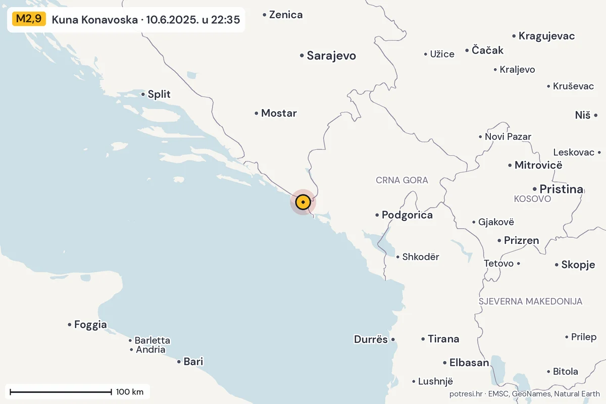Karta: šire područje, 600 km, potres M2,9, Kuna Konavoska, 10.6.2025.