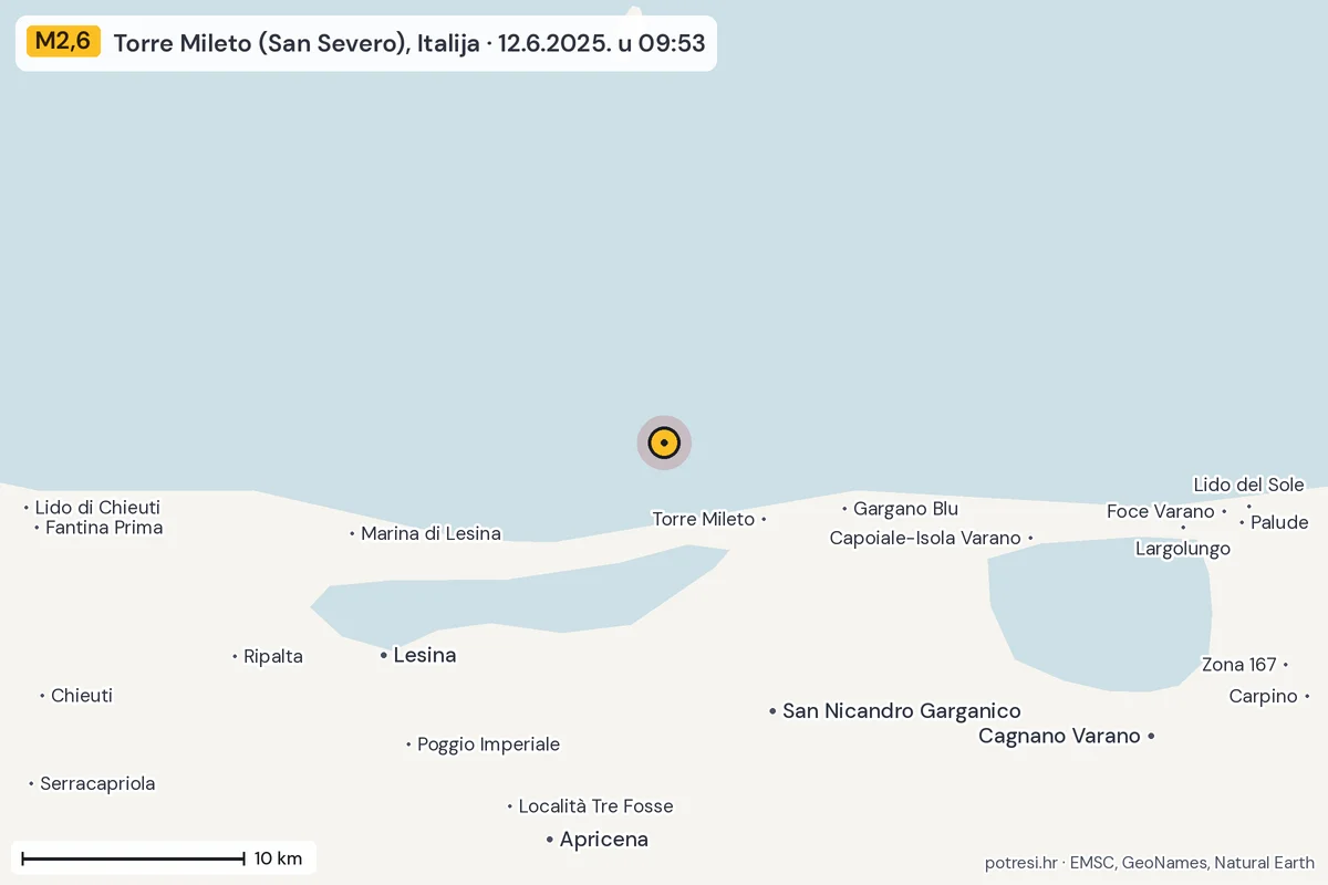Karta: okolica epicentra, 60 km, potres M2,6, Torre Mileto (San Severo), Italija, 12.6.2025.