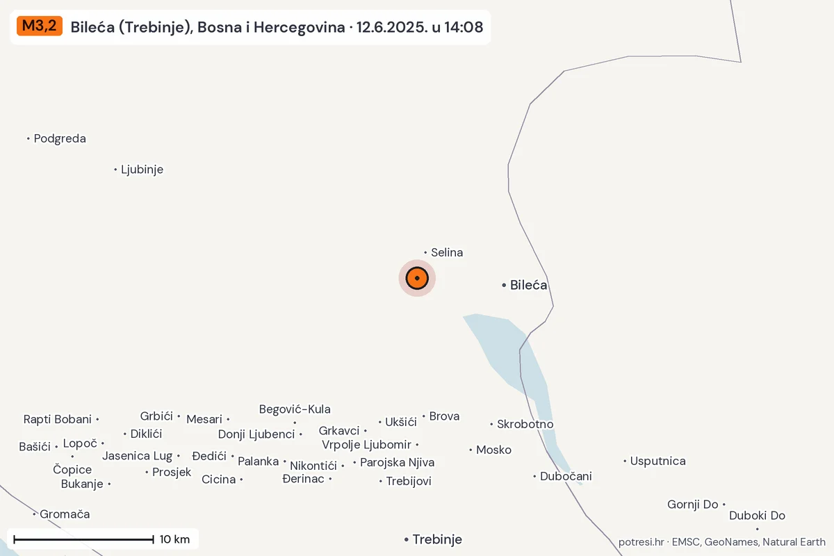 Karta: okolica epicentra, 60 km, potres M3,2, Bileća (Trebinje), Bosna i Hercegovina, 12.6.2025.