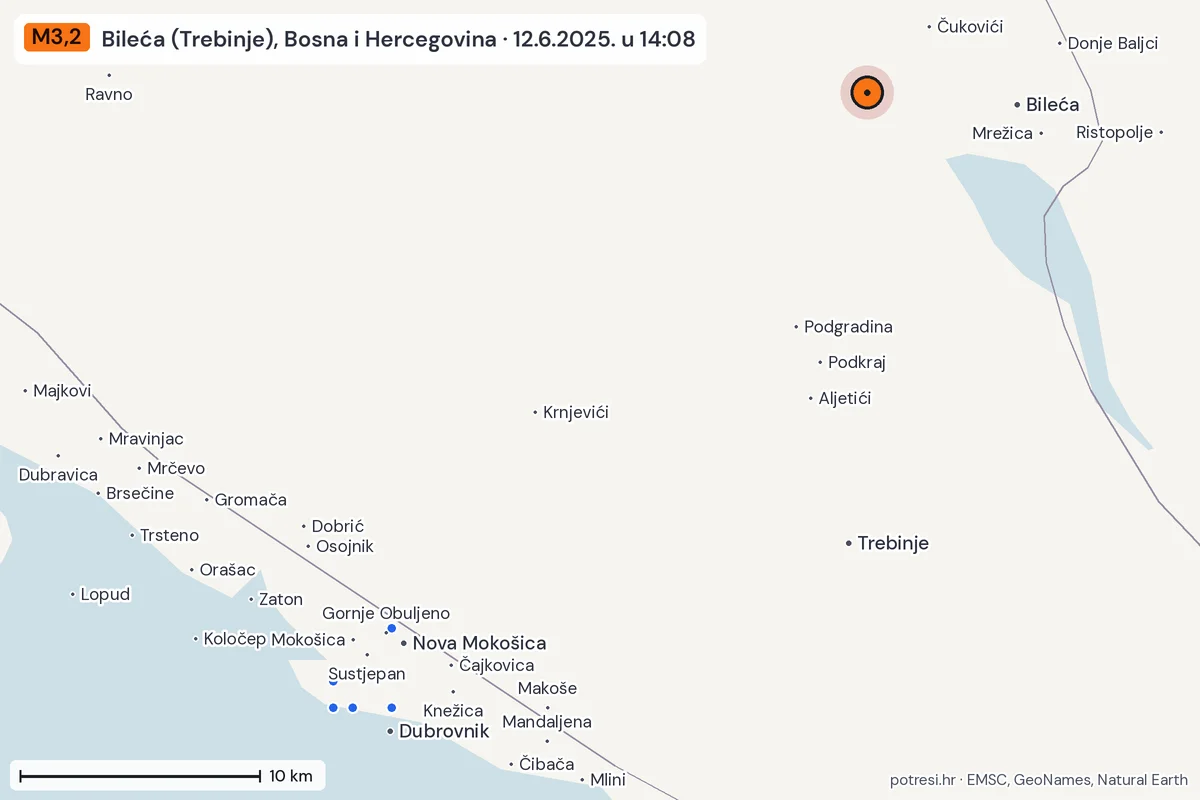 Karta: izvješća građana, potres M3,2, Bileća (Trebinje), Bosna i Hercegovina, 12.6.2025.