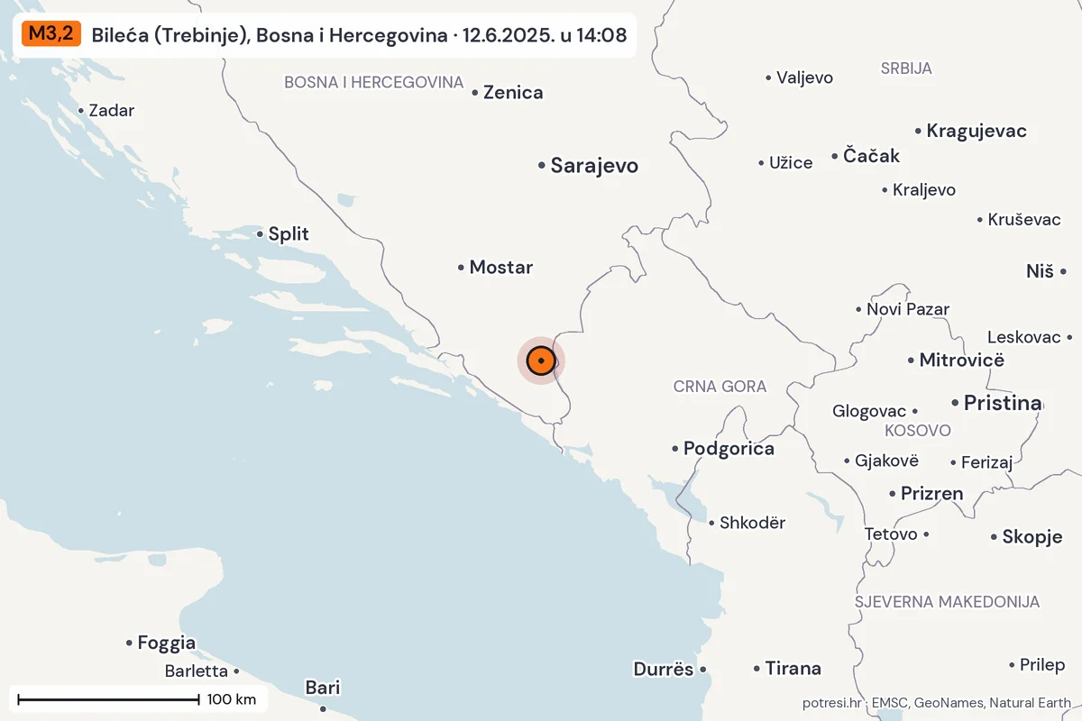 Karta: šire područje, 600 km, potres M3,2, Bileća (Trebinje), Bosna i Hercegovina, 12.6.2025.