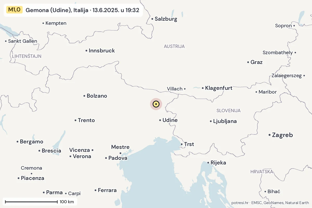 Karta: šire područje, 600 km, potres M1,0, Gemona (Udine), Italija, 13.6.2025.