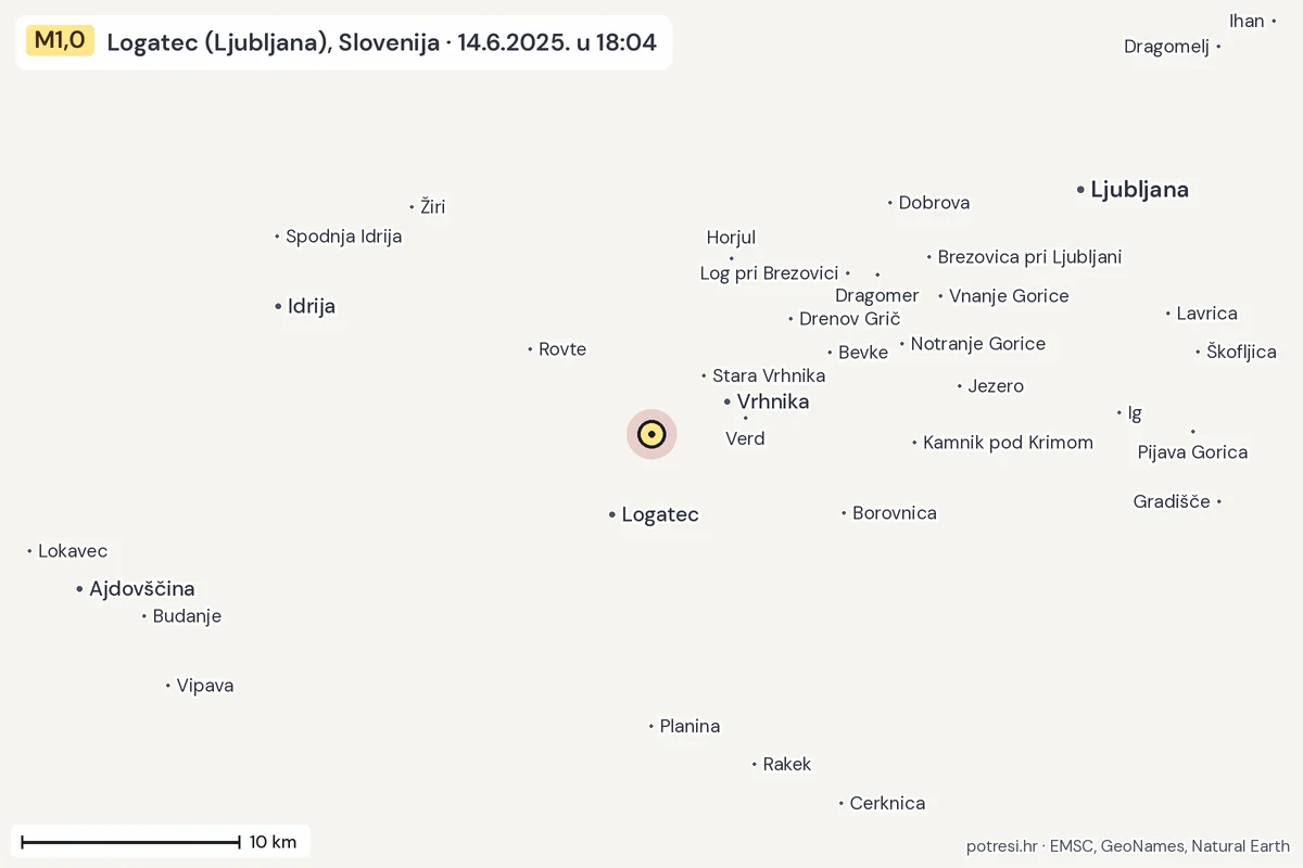 Karta: okolica epicentra, 60 km, potres M1,0, Logatec (Ljubljana), Slovenija, 14.6.2025.