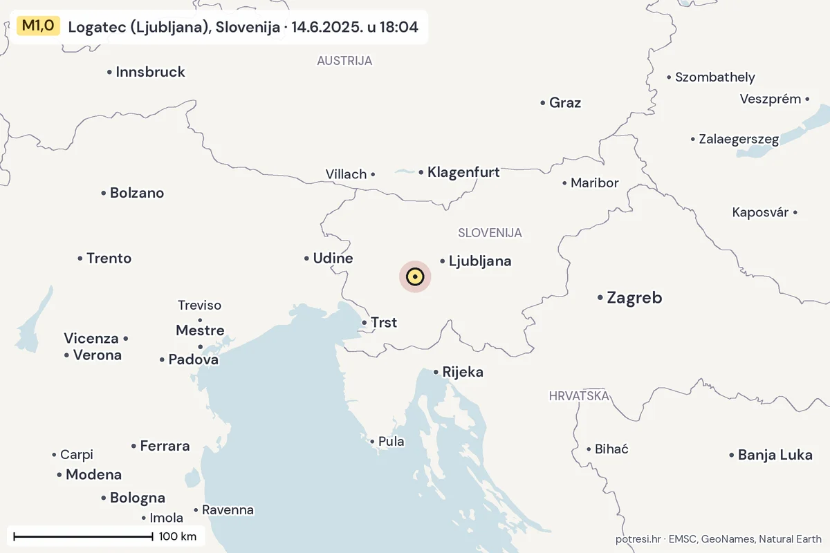 Karta: šire područje, 600 km, potres M1,0, Logatec (Ljubljana), Slovenija, 14.6.2025.