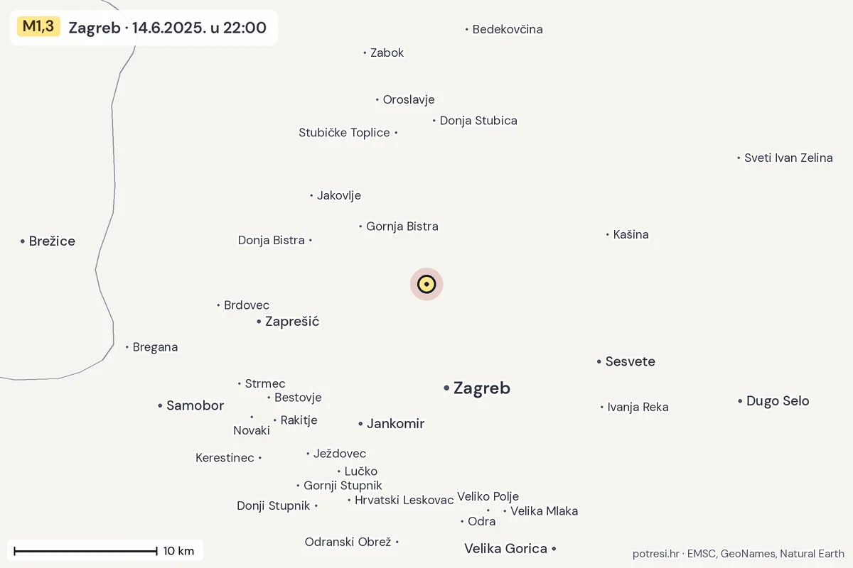 Karta: okolica epicentra, 60 km, potres M1,3, Zagreb, 14.6.2025.
