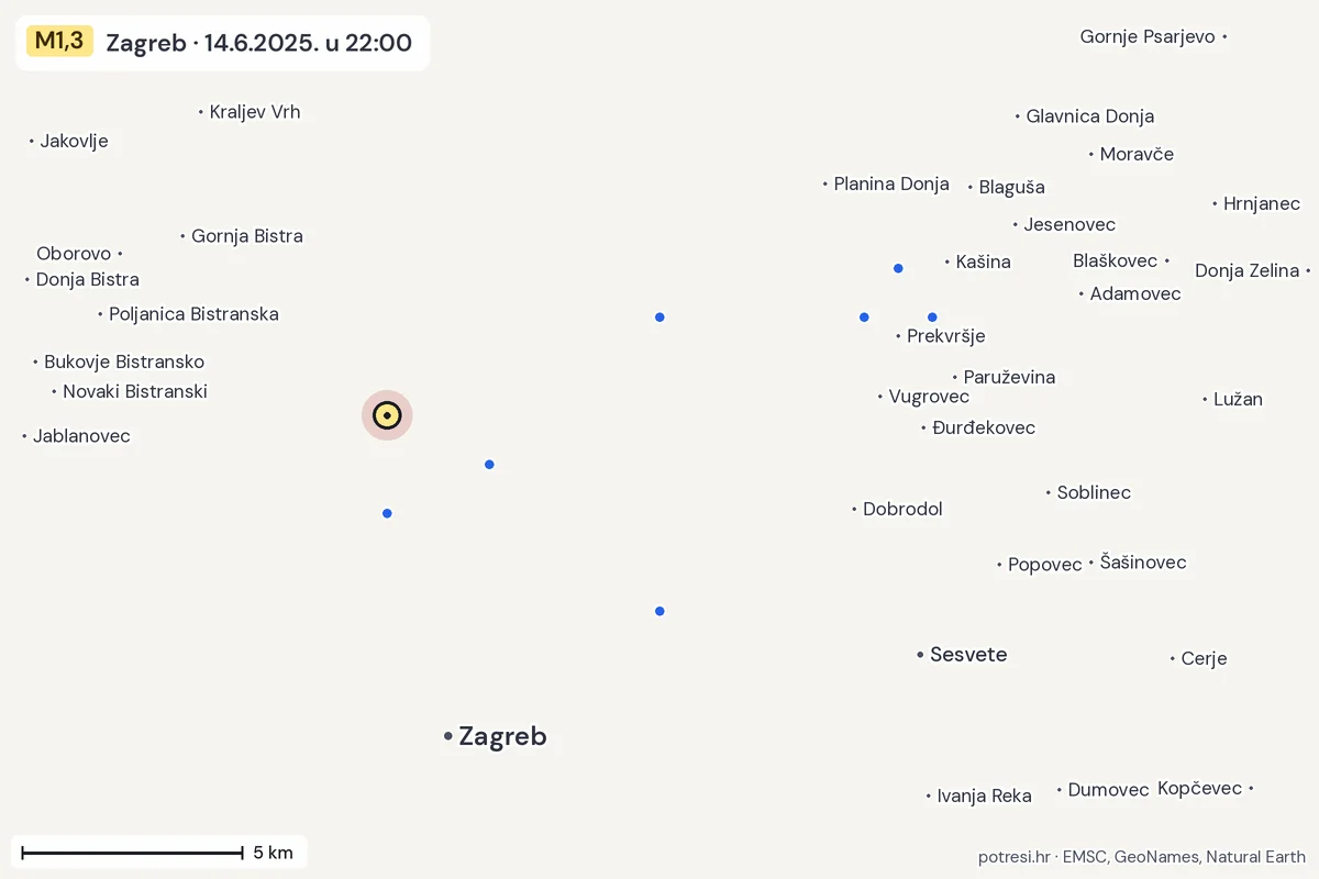 Karta: izvješća građana, potres M1,3, Zagreb, 14.6.2025.