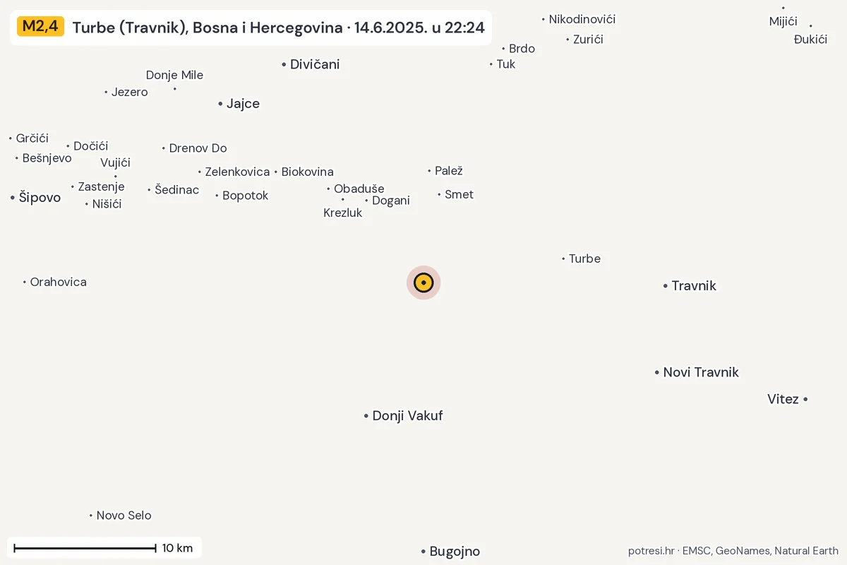 Karta: okolica epicentra, 60 km, potres M2,4, Turbe (Travnik), Bosna i Hercegovina, 14.6.2025.