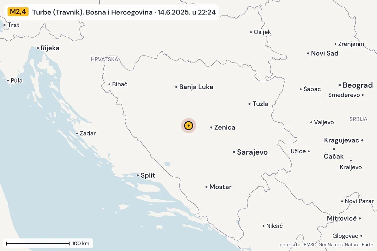 Karta: šire područje, 600 km, potres M2,4, Turbe (Travnik), Bosna i Hercegovina, 14.6.2025.