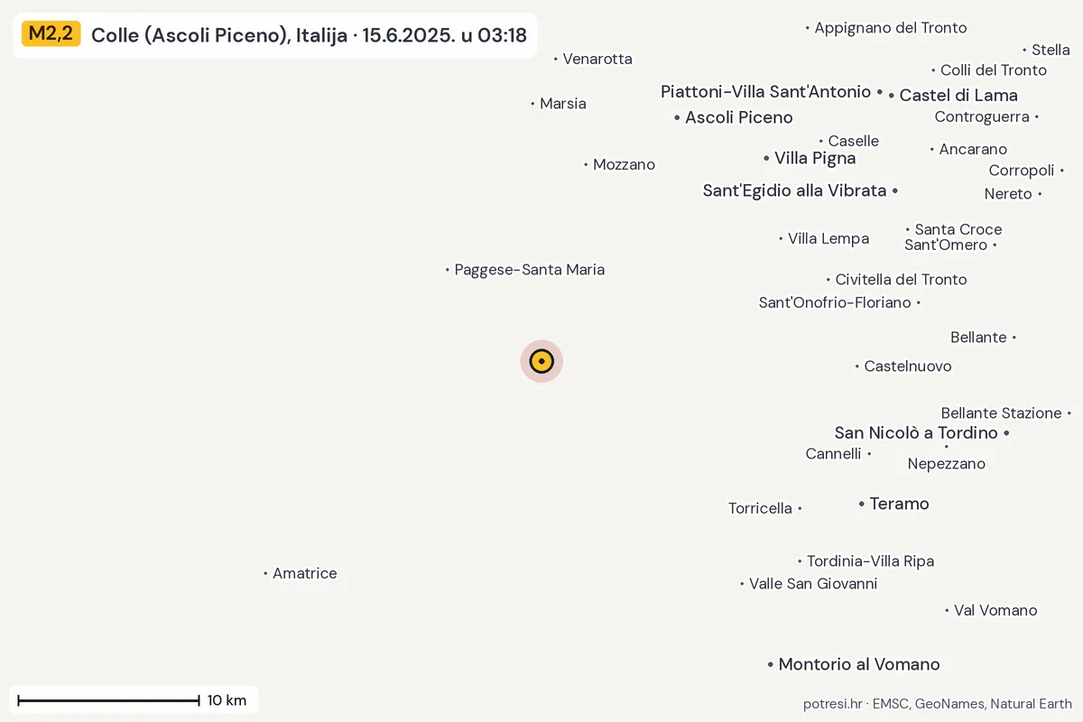 Karta: okolica epicentra, 60 km, potres M2,2, Colle (Ascoli Piceno), Italija, 15.6.2025.
