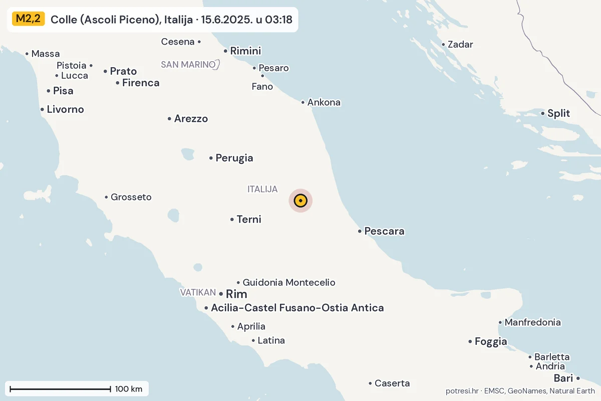Karta: šire područje, 600 km, potres M2,2, Colle (Ascoli Piceno), Italija, 15.6.2025.