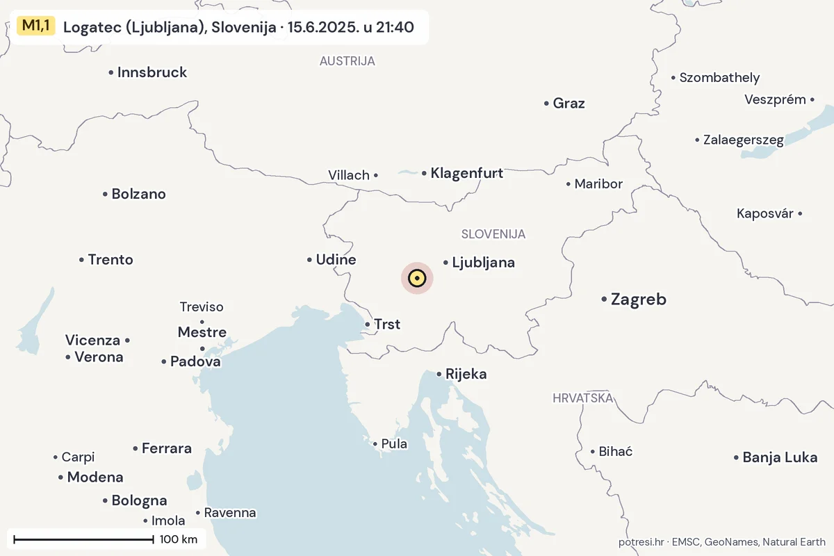 Karta: šire područje, 600 km, potres M1,1, Logatec (Ljubljana), Slovenija, 15.6.2025.