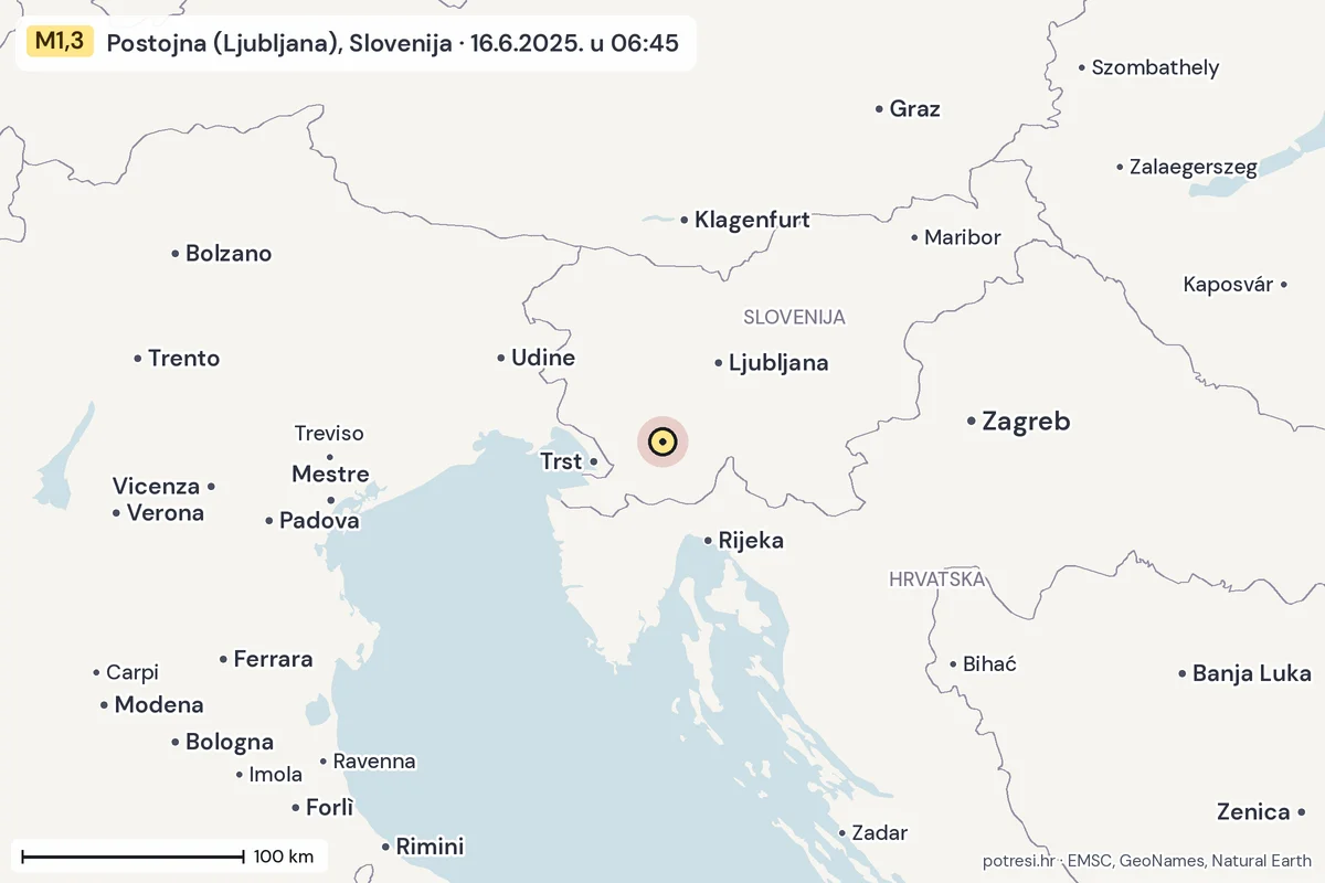 Karta: šire područje, 600 km, potres M1,3, Postojna (Ljubljana), Slovenija, 16.6.2025.