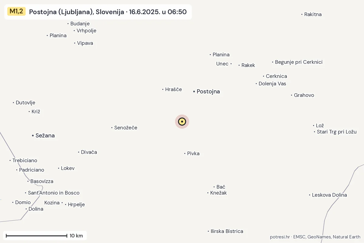 Karta: okolica epicentra, 60 km, potres M1,2, Postojna (Ljubljana), Slovenija, 16.6.2025.
