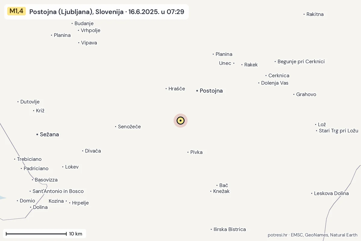 Karta: okolica epicentra, 60 km, potres M1,4, Postojna (Ljubljana), Slovenija, 16.6.2025.