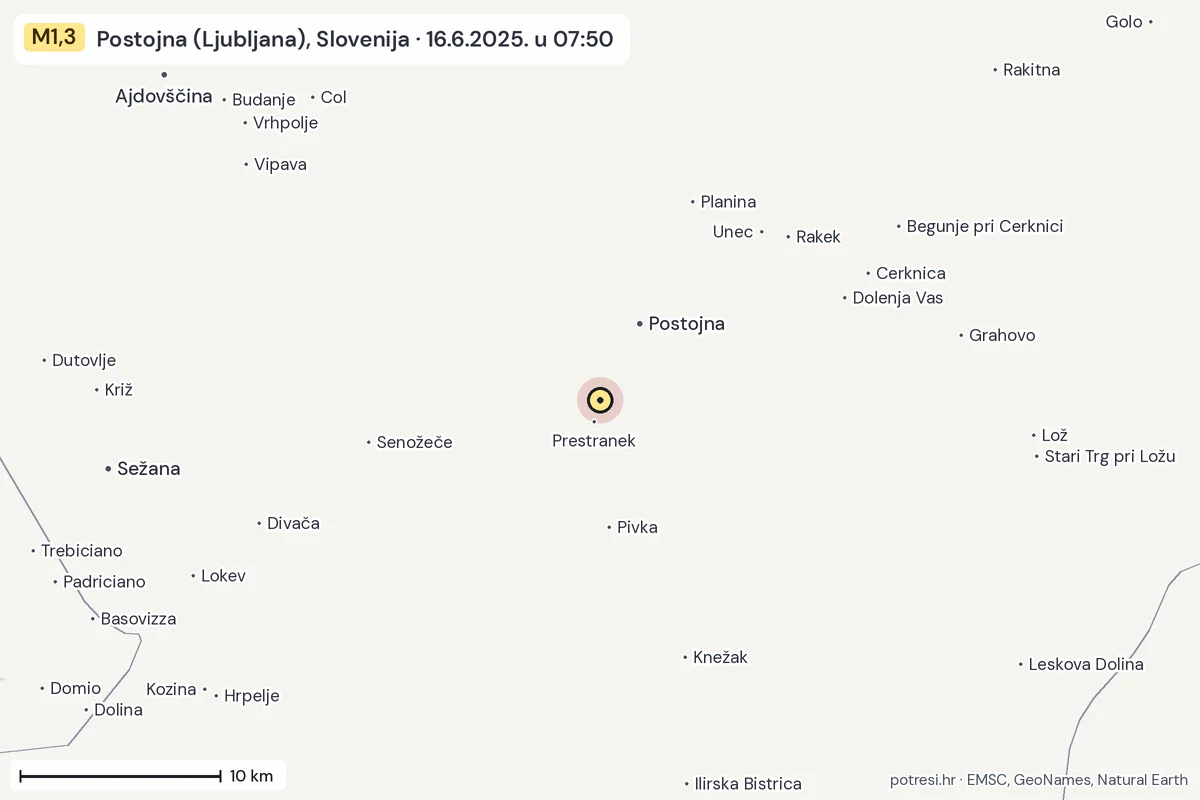 Karta: okolica epicentra, 60 km, potres M1,3, Postojna (Ljubljana), Slovenija, 16.6.2025.