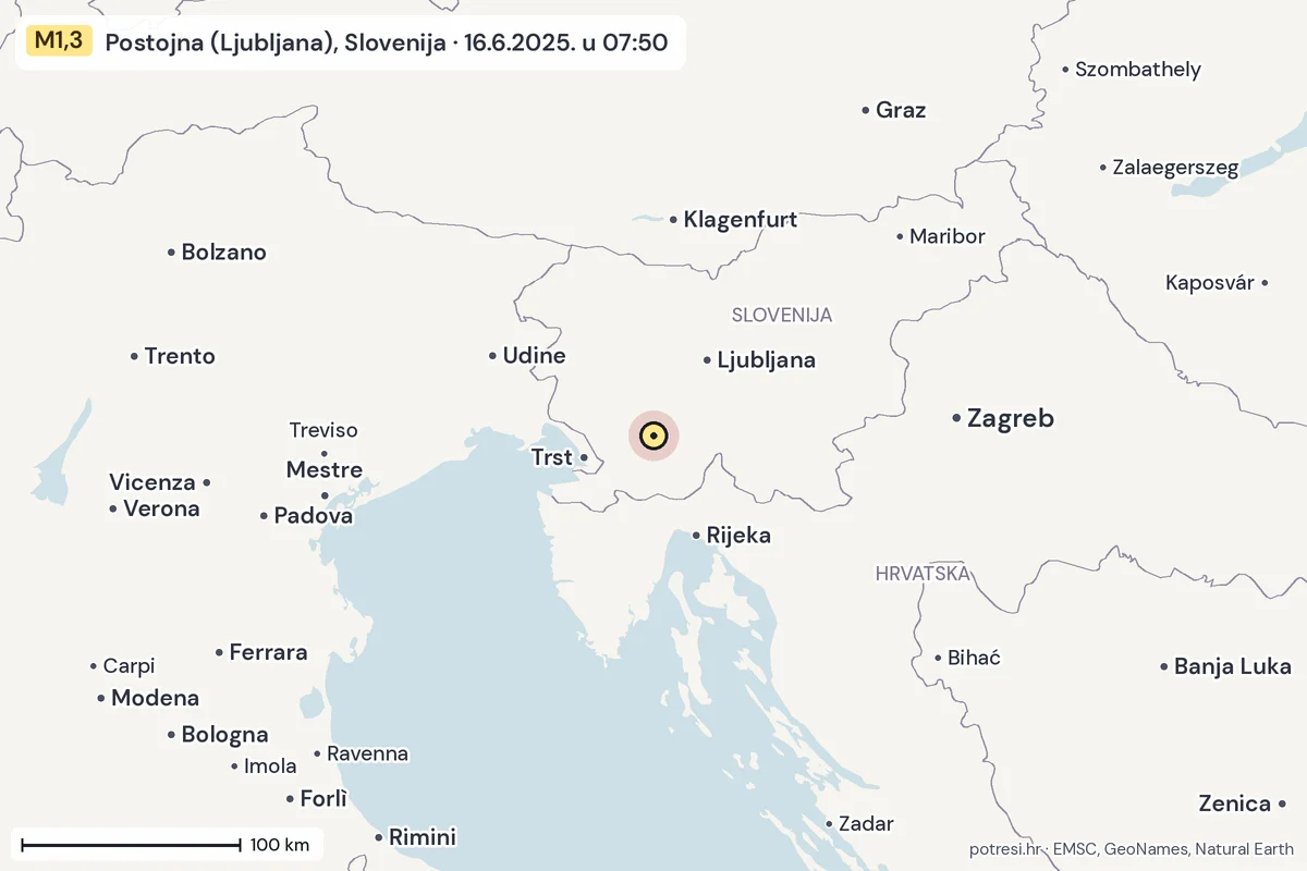 Karta: šire područje, 600 km, potres M1,3, Postojna (Ljubljana), Slovenija, 16.6.2025.