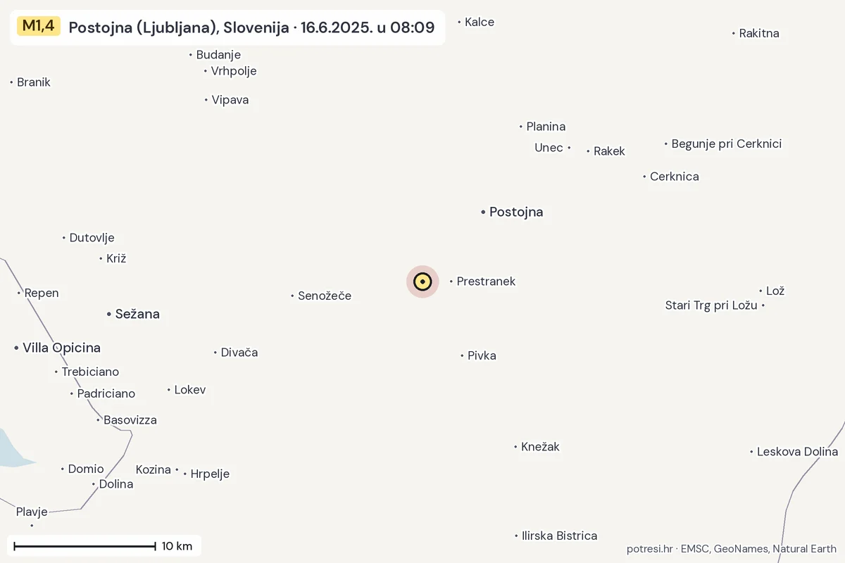 Karta: okolica epicentra, 60 km, potres M1,4, Postojna (Ljubljana), Slovenija, 16.6.2025.
