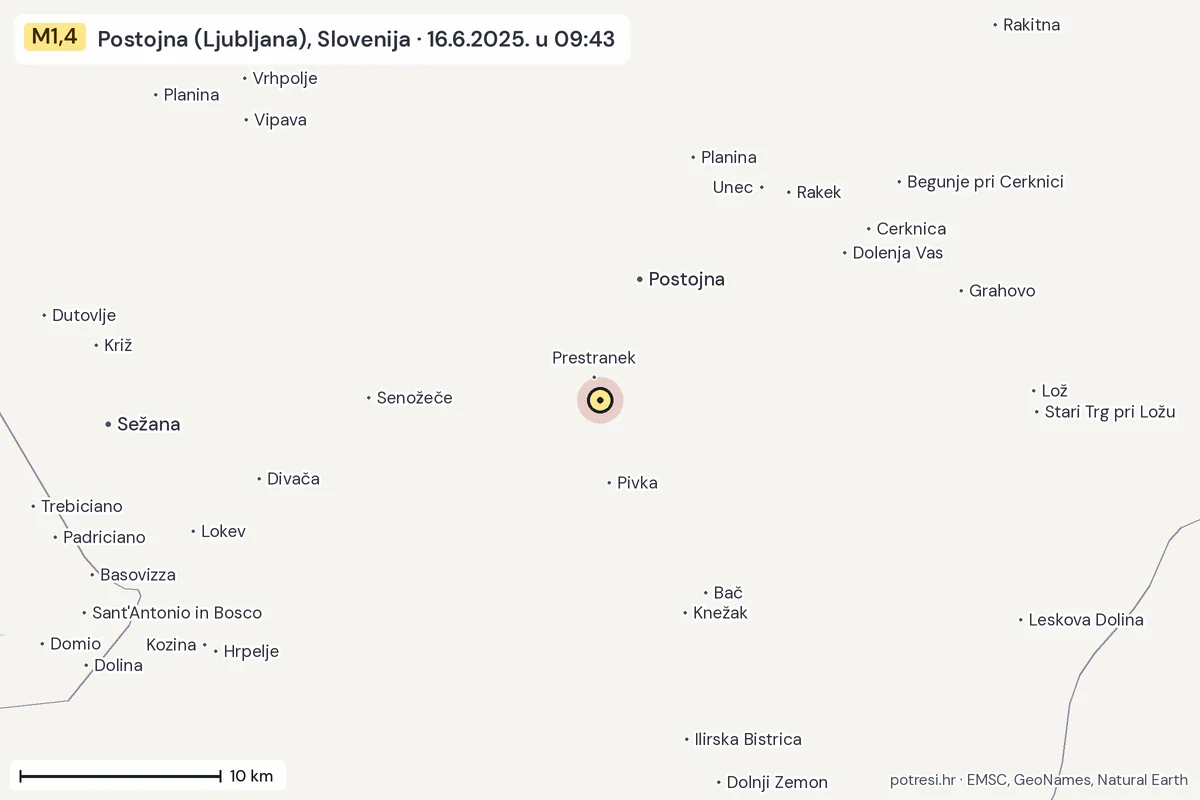 Karta: okolica epicentra, 60 km, potres M1,4, Postojna (Ljubljana), Slovenija, 16.6.2025.