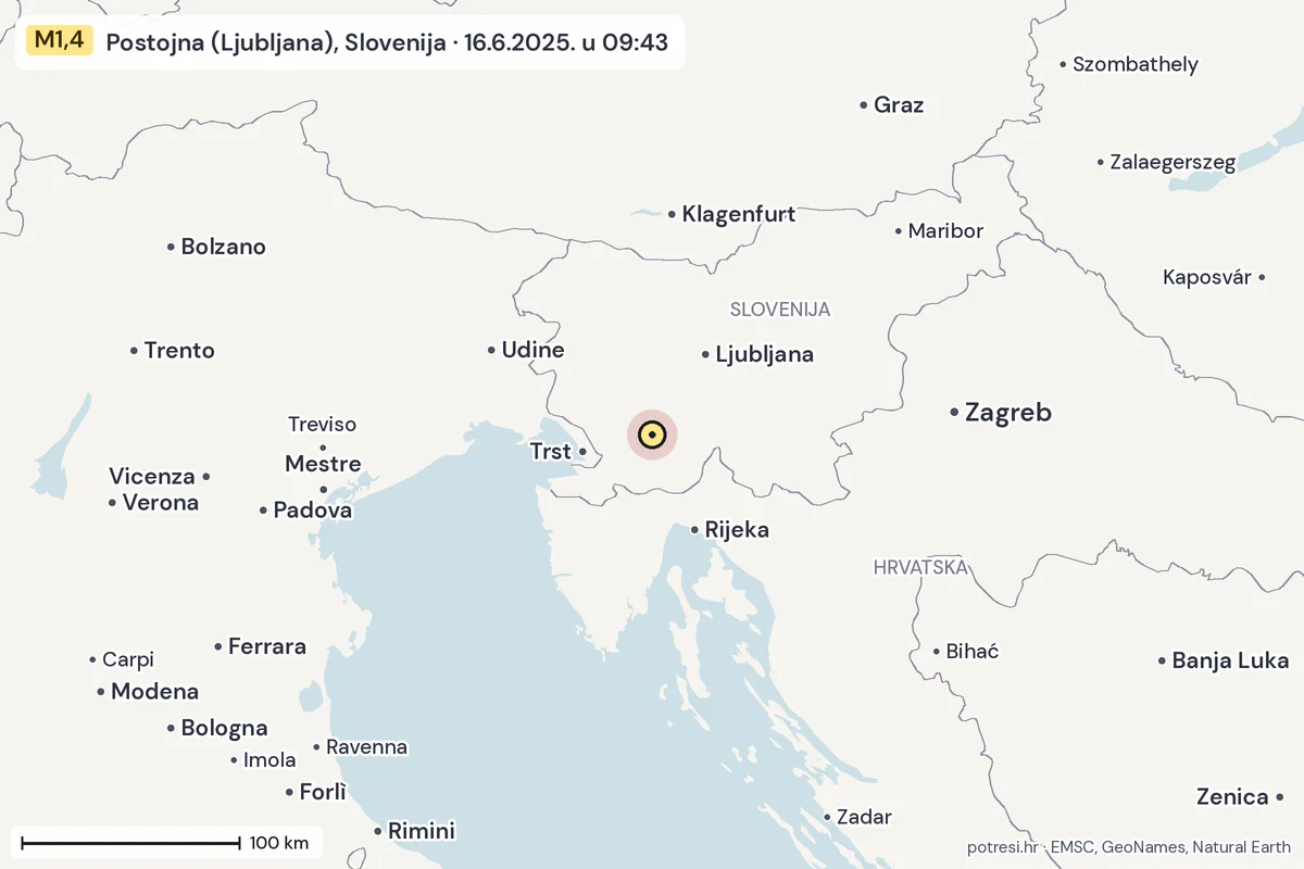 Karta: šire područje, 600 km, potres M1,4, Postojna (Ljubljana), Slovenija, 16.6.2025.