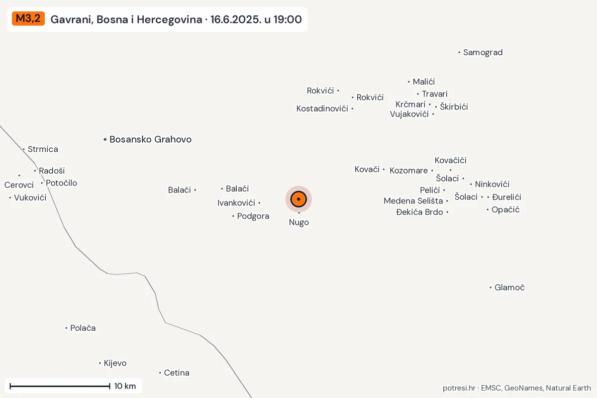 Karta: okolica epicentra, 60 km, potres M3,2, Gavrani, Bosna i Hercegovina, 16.6.2025.