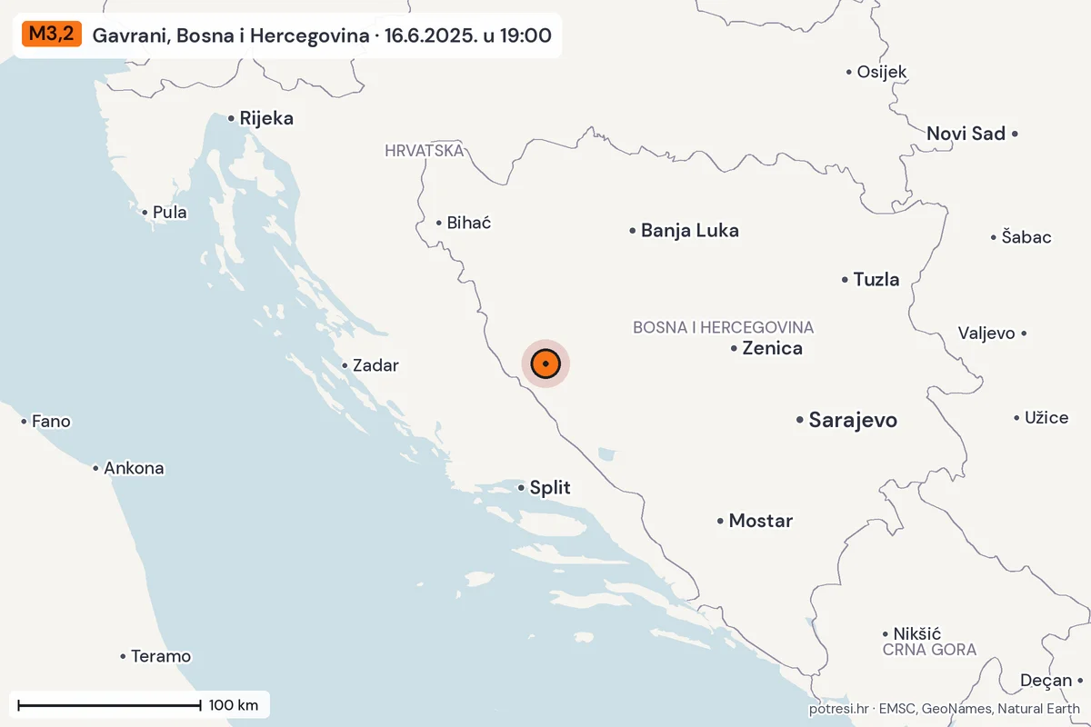 Karta: šire područje, 600 km, potres M3,2, Gavrani, Bosna i Hercegovina, 16.6.2025.