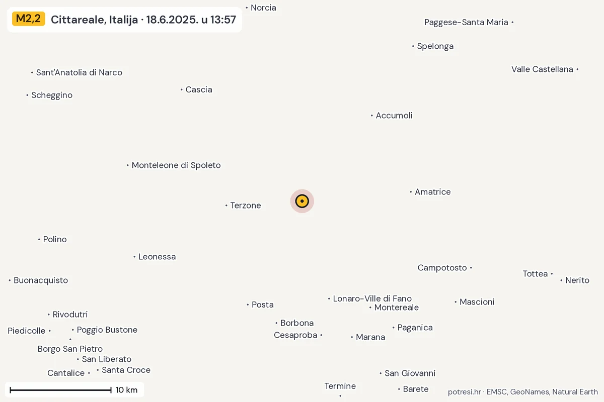 Karta: okolica epicentra, 60 km, potres M2,2, Cittareale, Italija, 18.6.2025.