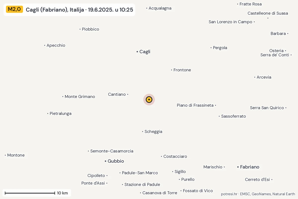 Karta: okolica epicentra, 60 km, potres M2,0, Cagli (Fabriano), Italija, 19.6.2025.
