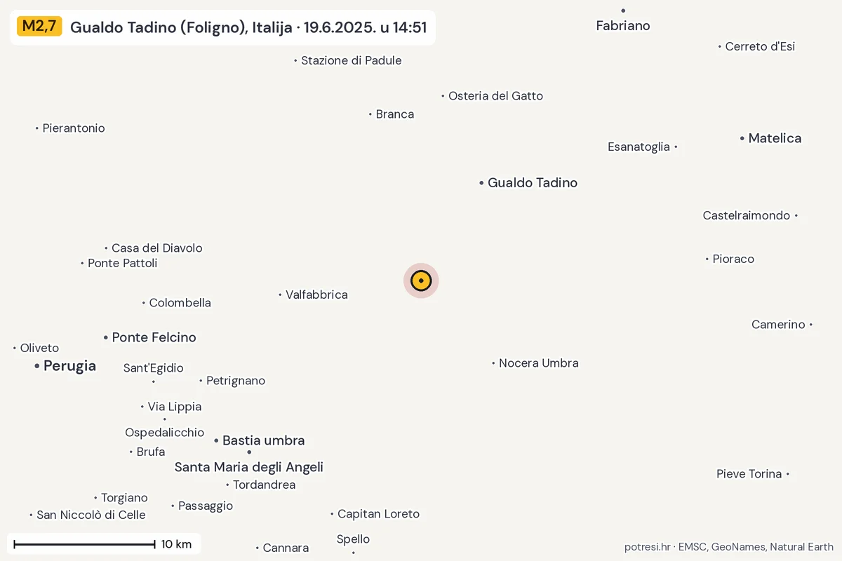 Karta: okolica epicentra, 60 km, potres M2,7, Gualdo Tadino (Foligno), Italija, 19.6.2025.