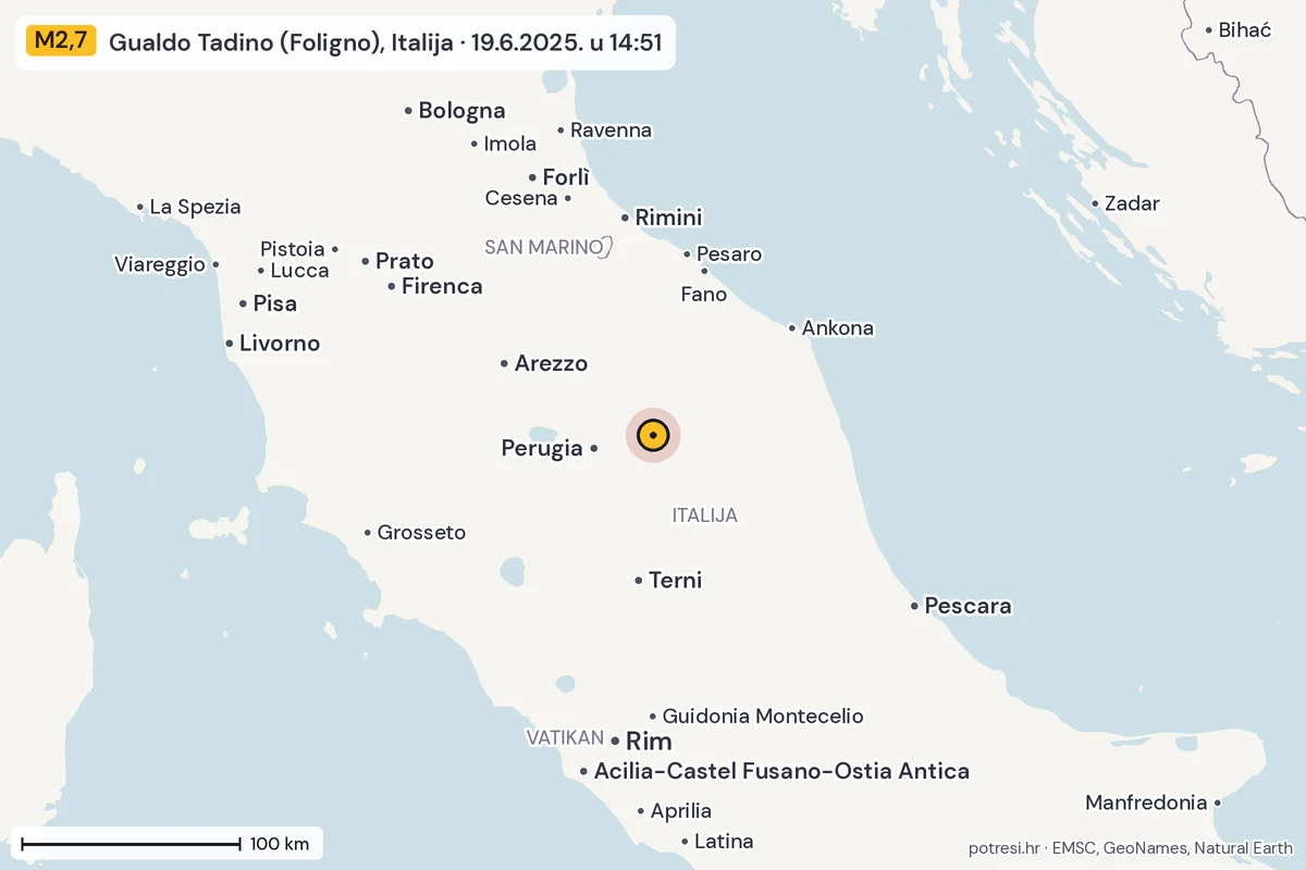 Karta: šire područje, 600 km, potres M2,7, Gualdo Tadino (Foligno), Italija, 19.6.2025.