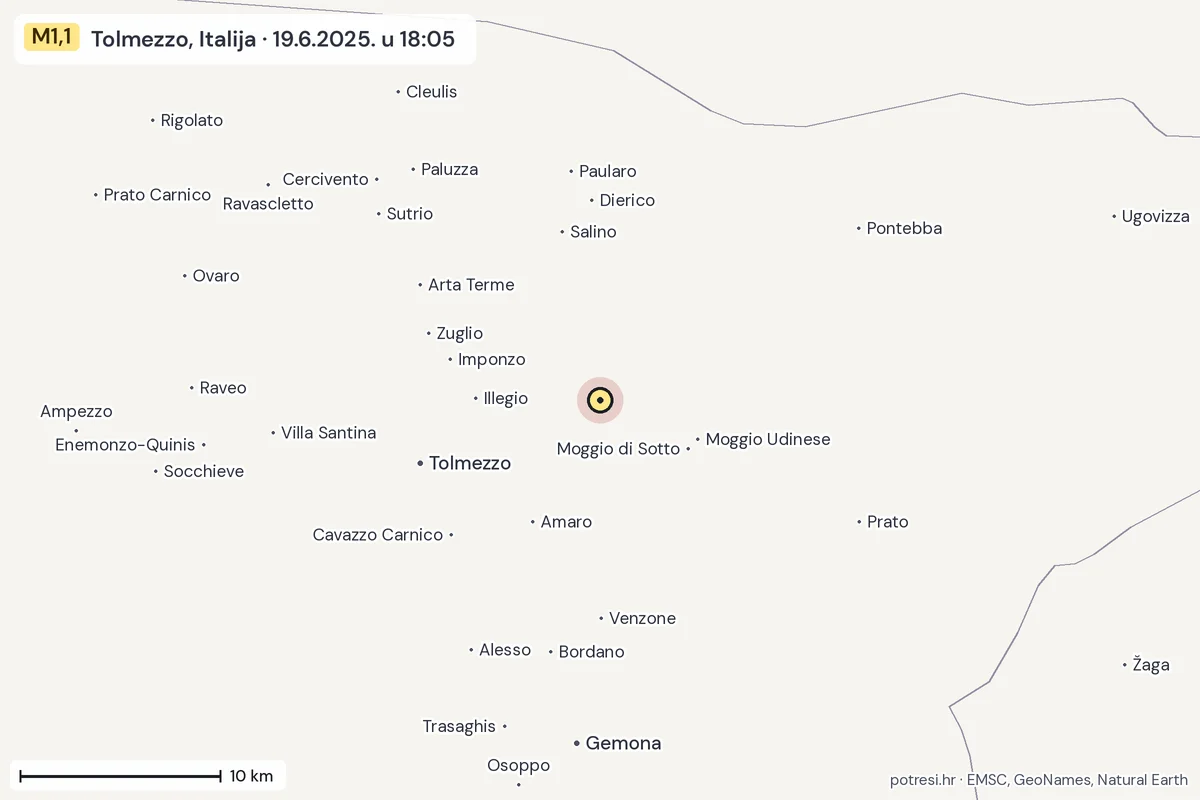 Karta: okolica epicentra, 60 km, potres M1,1, Tolmezzo, Italija, 19.6.2025.