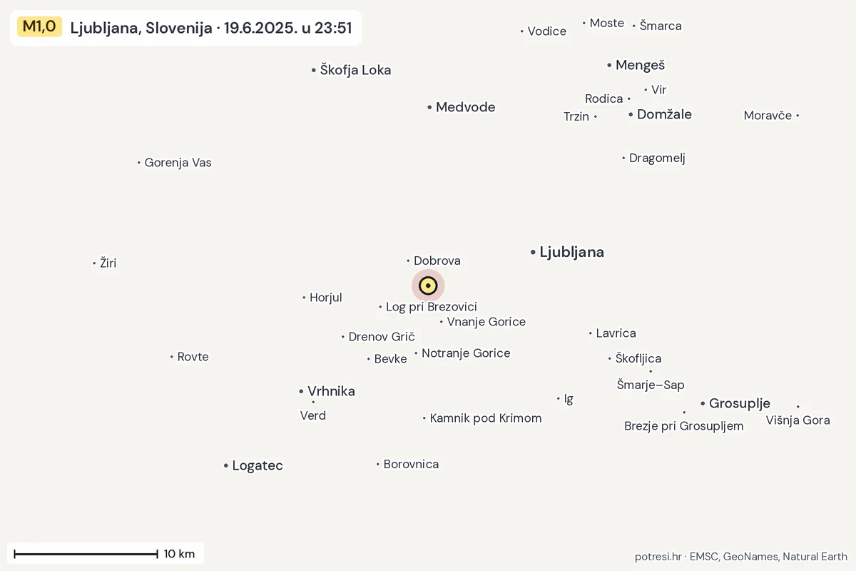 Karta: okolica epicentra, 60 km, potres M1,0, Ljubljana, Slovenija, 19.6.2025.