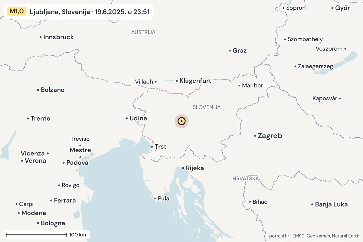 Karta: šire područje, 600 km, potres M1,0, Ljubljana, Slovenija, 19.6.2025.