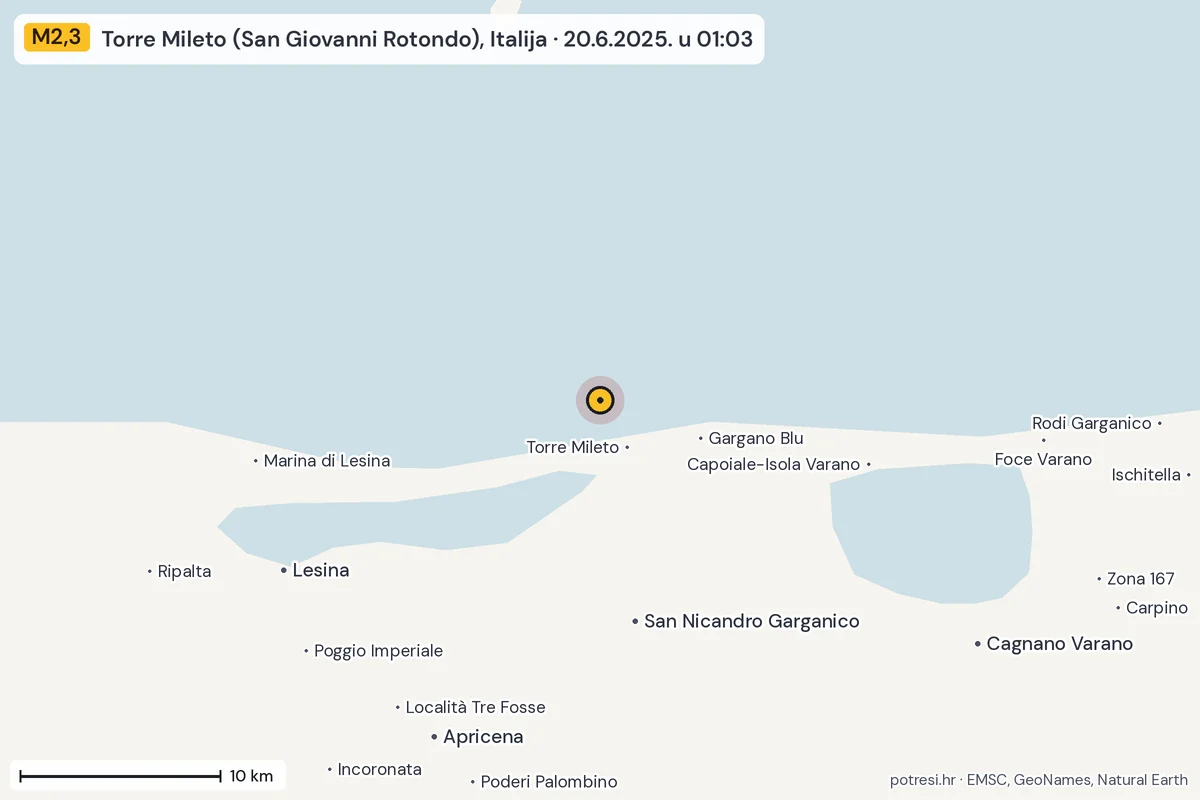 Karta: okolica epicentra, 60 km, potres M2,3, Torre Mileto (San Giovanni Rotondo), Italija, 20.6.2025.