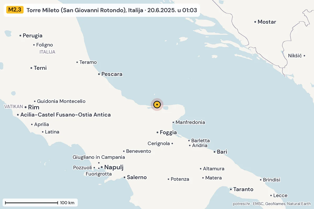 Karta: šire područje, 600 km, potres M2,3, Torre Mileto (San Giovanni Rotondo), Italija, 20.6.2025.