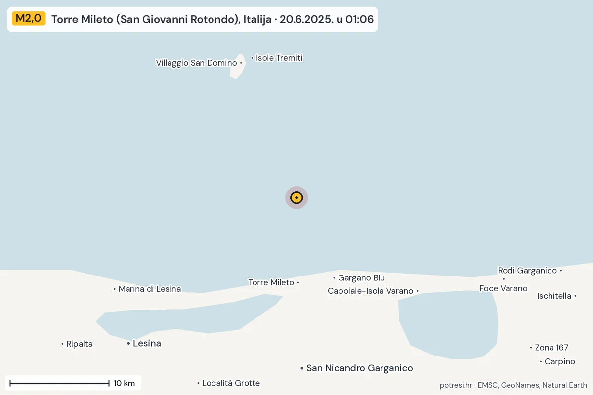 Karta: okolica epicentra, 60 km, potres M2,0, Torre Mileto (San Giovanni Rotondo), Italija, 20.6.2025.
