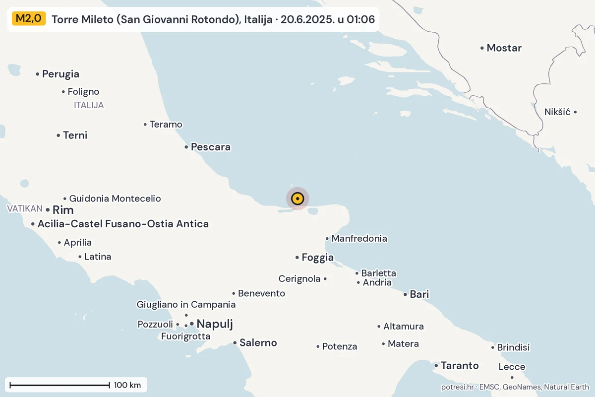 Karta: šire područje, 600 km, potres M2,0, Torre Mileto (San Giovanni Rotondo), Italija, 20.6.2025.
